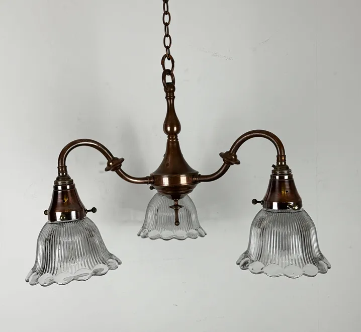 Three Arm Chandelier With Holophane Glass Shades (56220) photo buy
