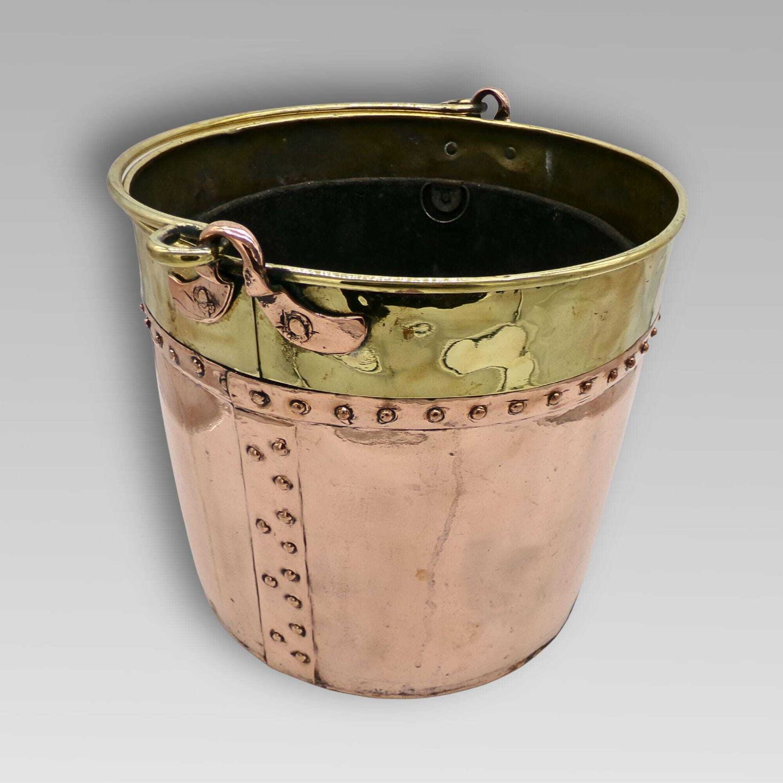 Quality Large Antique Riveted Polished Copper & Brass Coal Fireplace Log Bucket