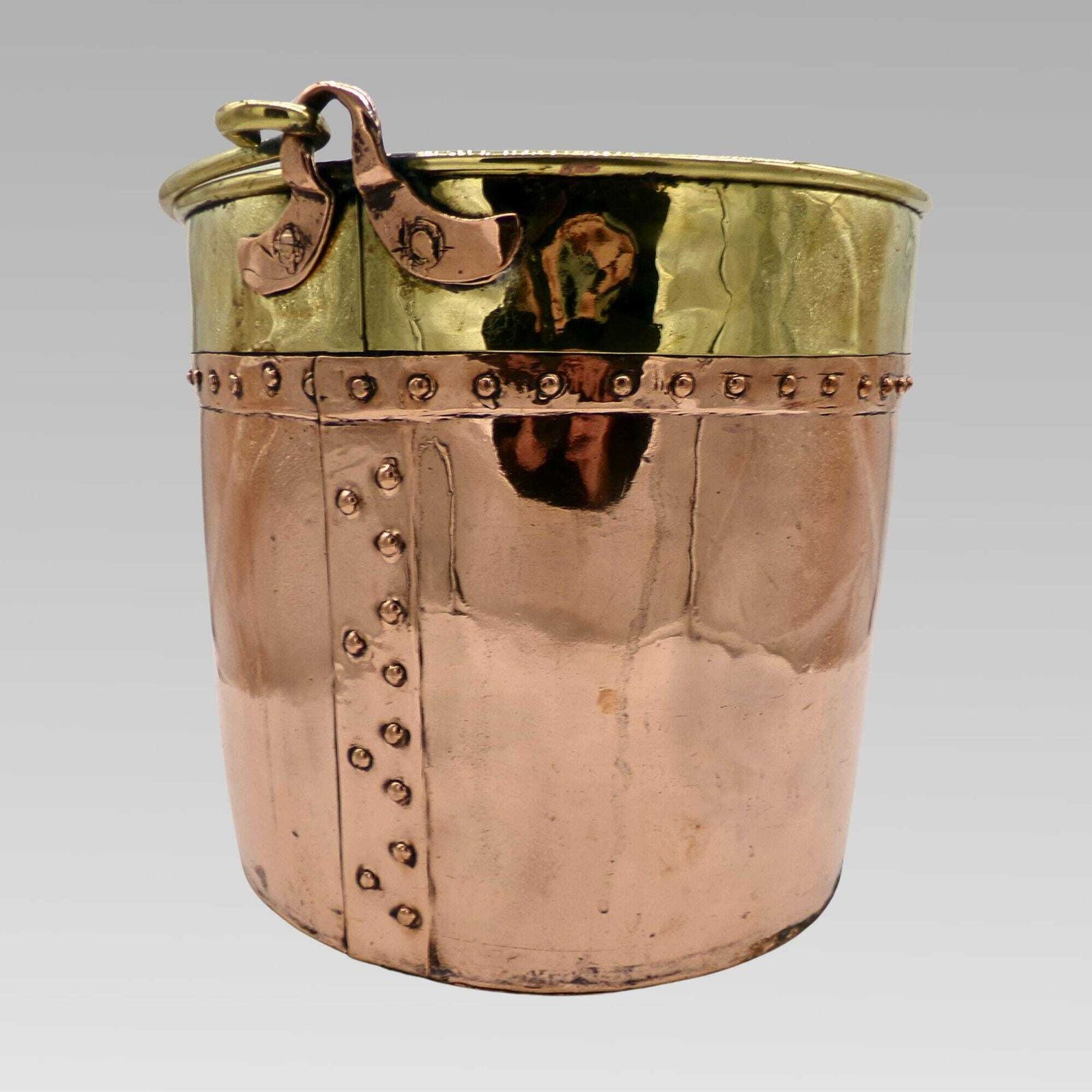 Quality Large Antique Riveted Polished Copper & Brass Coal Fireplace Log Bucket photo furniture