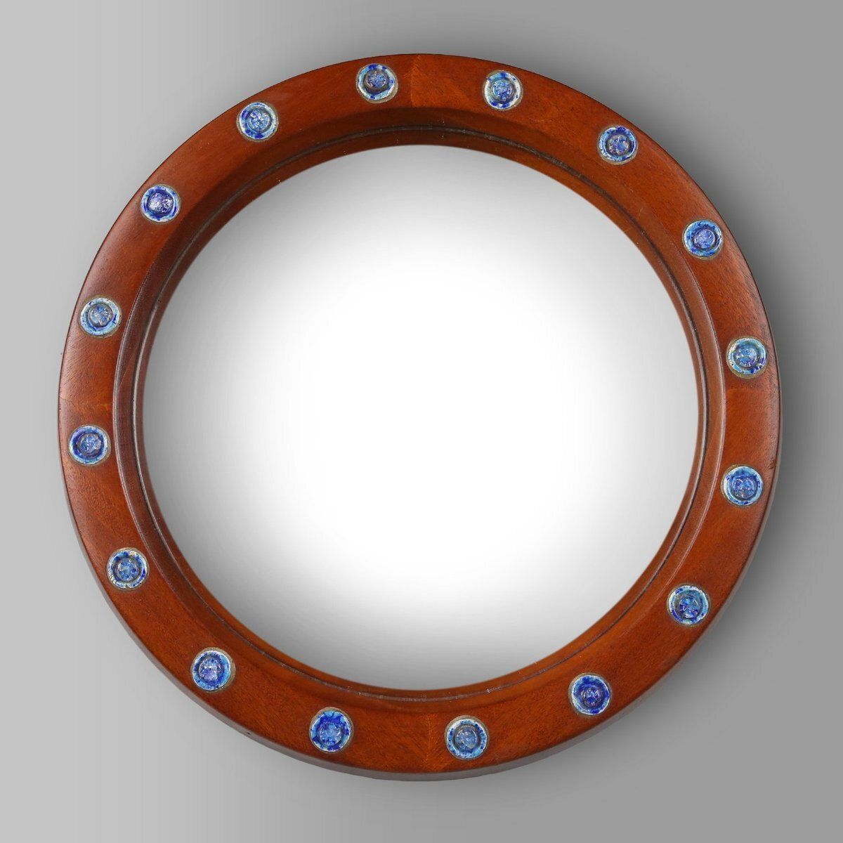 French Round Wooden Mirror With Blue And White Glass Decoration, 1960s
