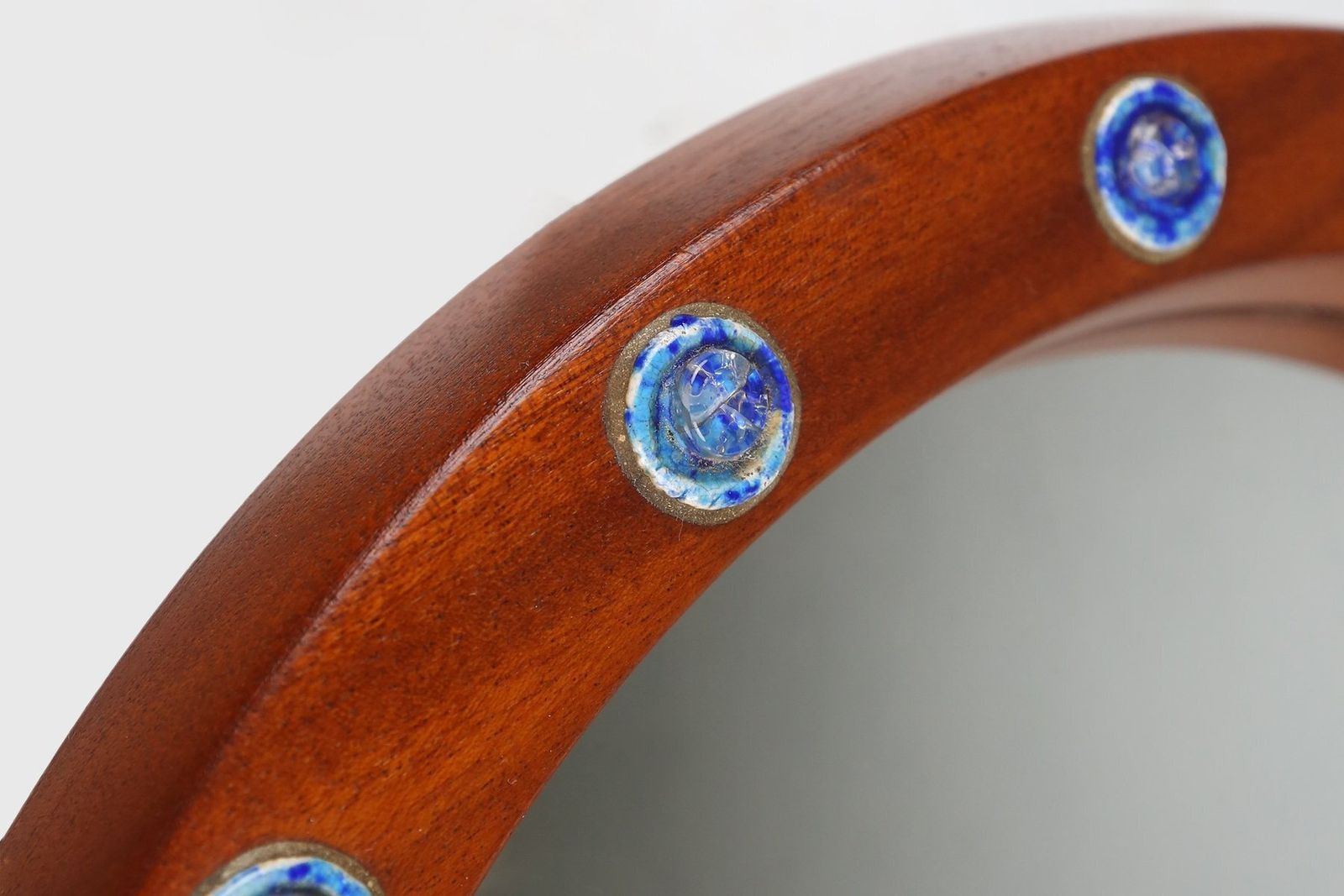 French Round Wooden Mirror With Blue And White Glass Decoration, 1960s photo vinterior