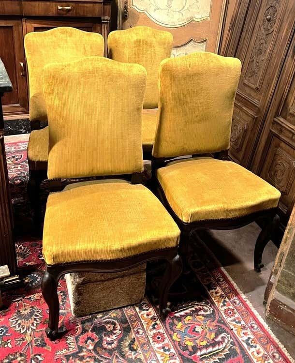 Six Of No. 4 Solid Walnut Chairs With Yellow Velvet Upholstery, Italy photo for sale