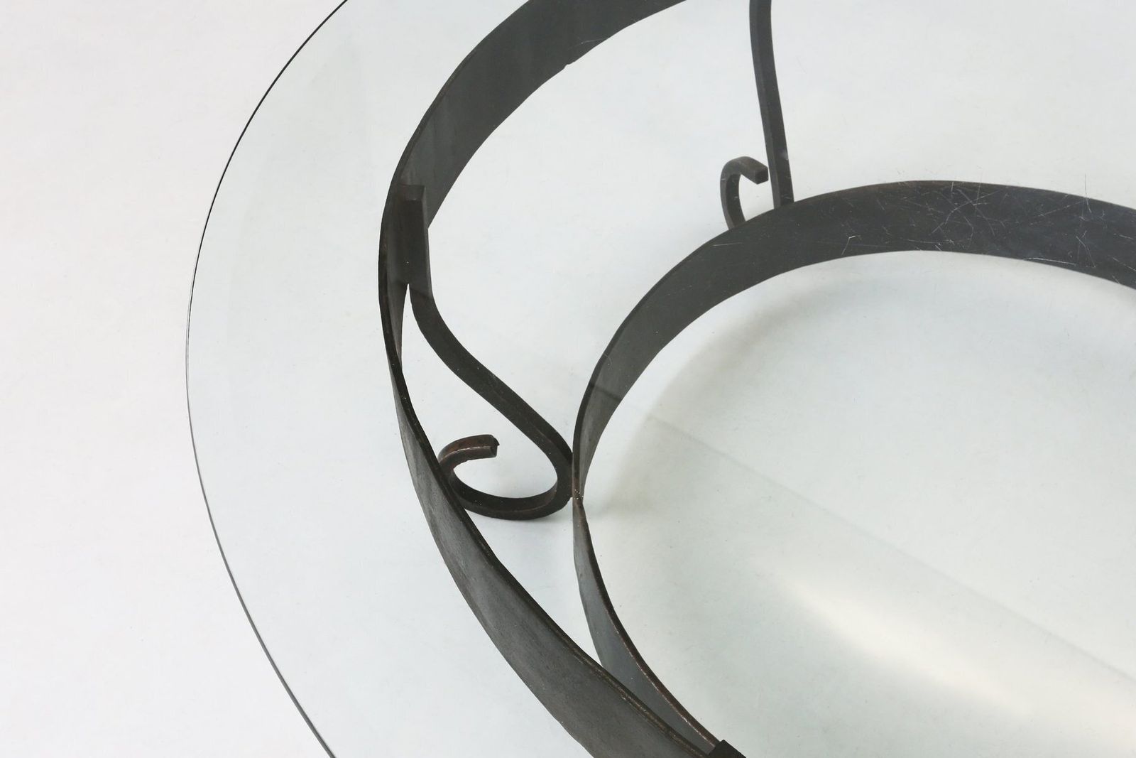 Rustic Round Coffee Table With Wrought Iron Base And Glass Top, France, 1930s photo buy