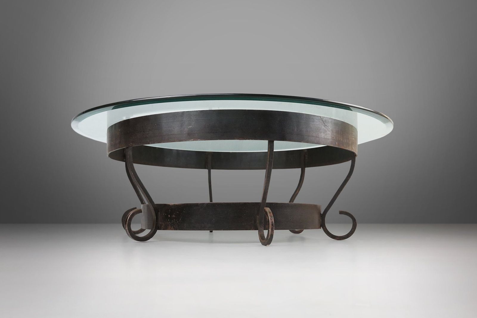 Rustic Round Coffee Table With Wrought Iron Base And Glass Top, France, 1930s photo vintage