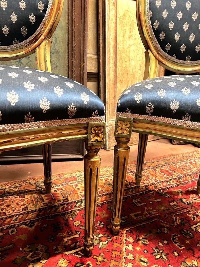 photo furniture No. 6 Louis XVI Style Chairs, White Lacquer With Blue Lily Fabric, Italy