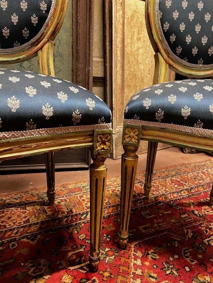 photo buy No. 6 Louis XVI Style Chairs, White Lacquer With Blue Lily Fabric, Italy