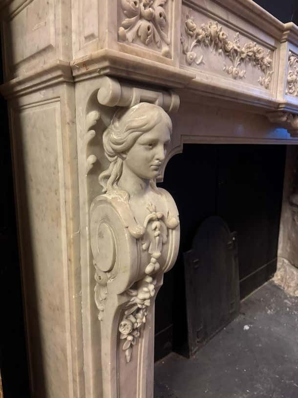 photo furniture Monumental Fireplace Frame Made Of Richly Carved White Marble, Italy