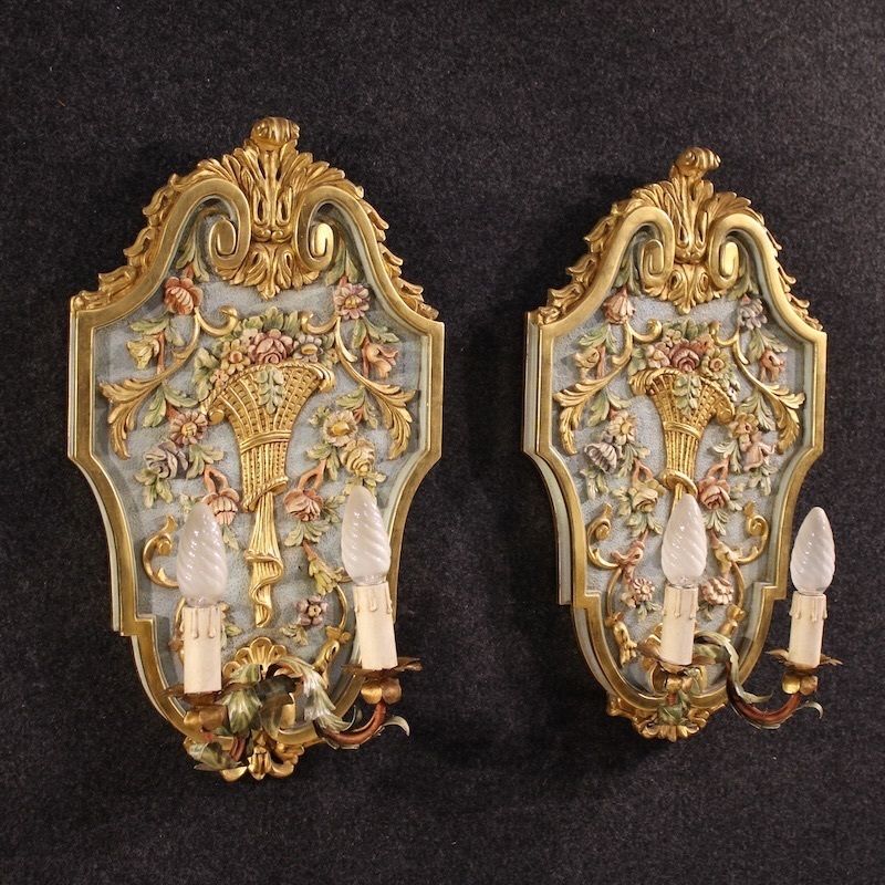 Pair Of Lacquered And Gilded Italian Louis XVI Style Wall Lamps photo furniture