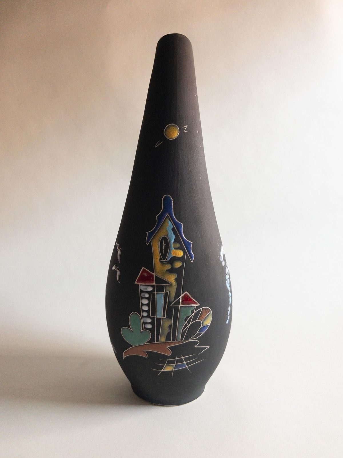 photo for sale Keto Keramik Black Matte Vase: West German Pottery, Surreal Decor (32cm)