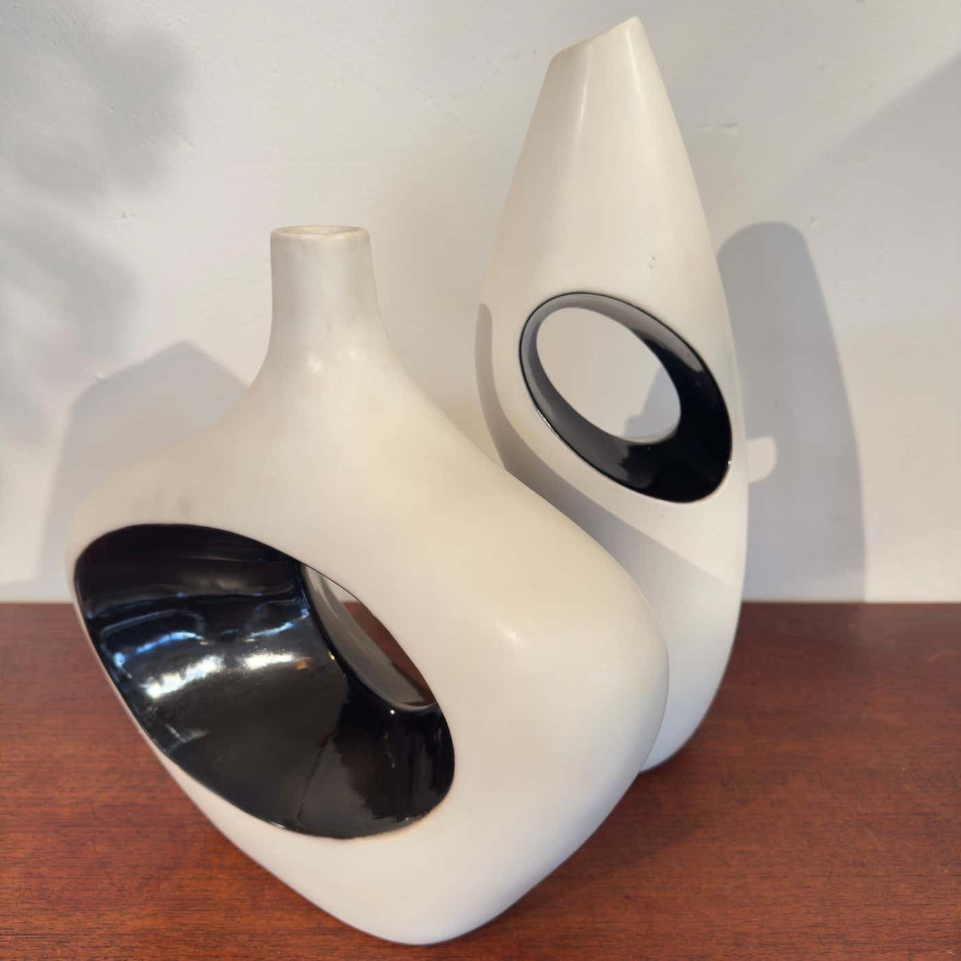 1980s White And Black Ceramic Vase With Organic Abstract Design By Fos Italy photo vinterior