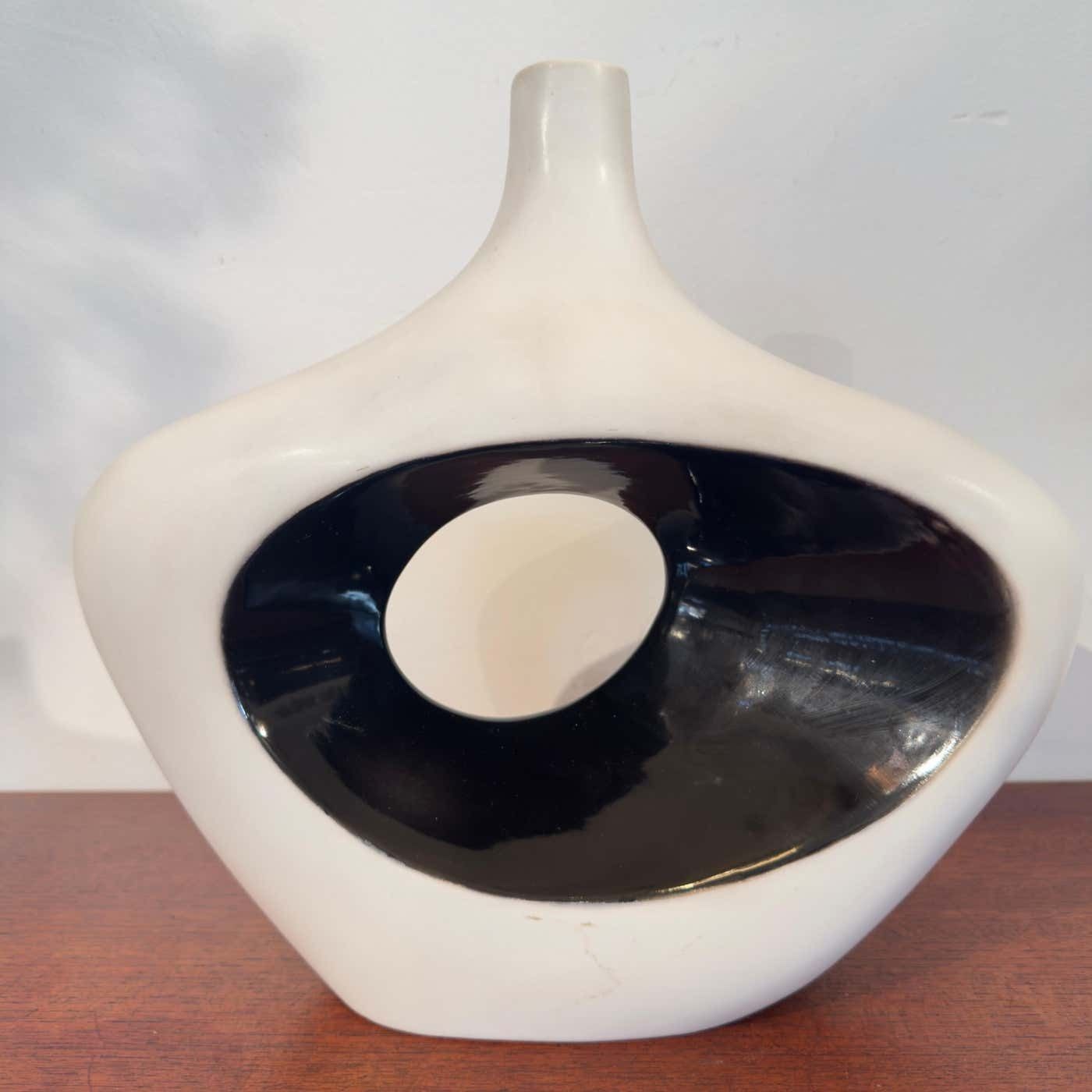 Home Decor 1980s White And Black Ceramic Vase With Organic Abstract Design By Fos Italy photo