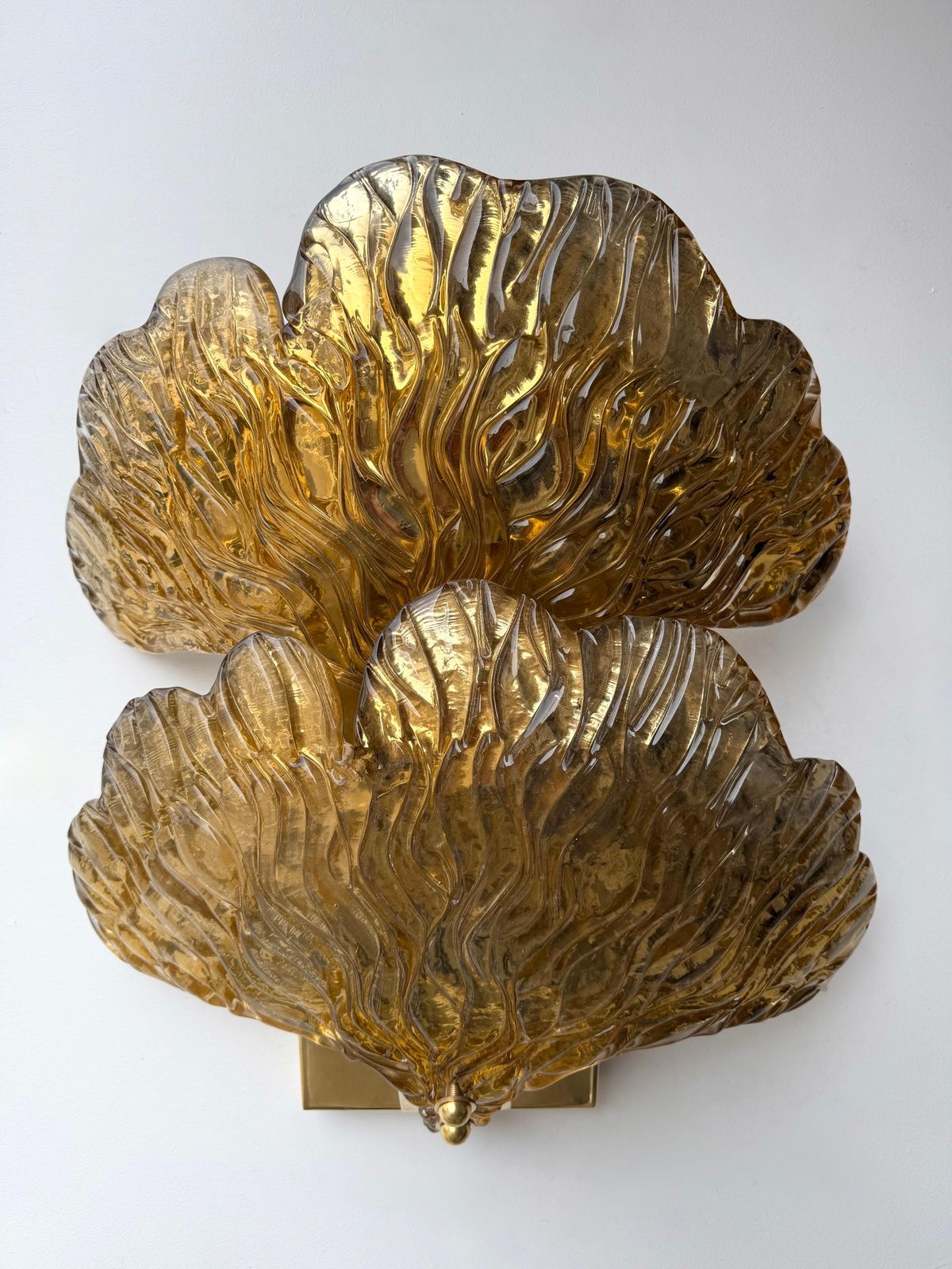 Contemporary Pair Of Brass And Gold Murano Glass Palm Sconces, Italy photo vintage