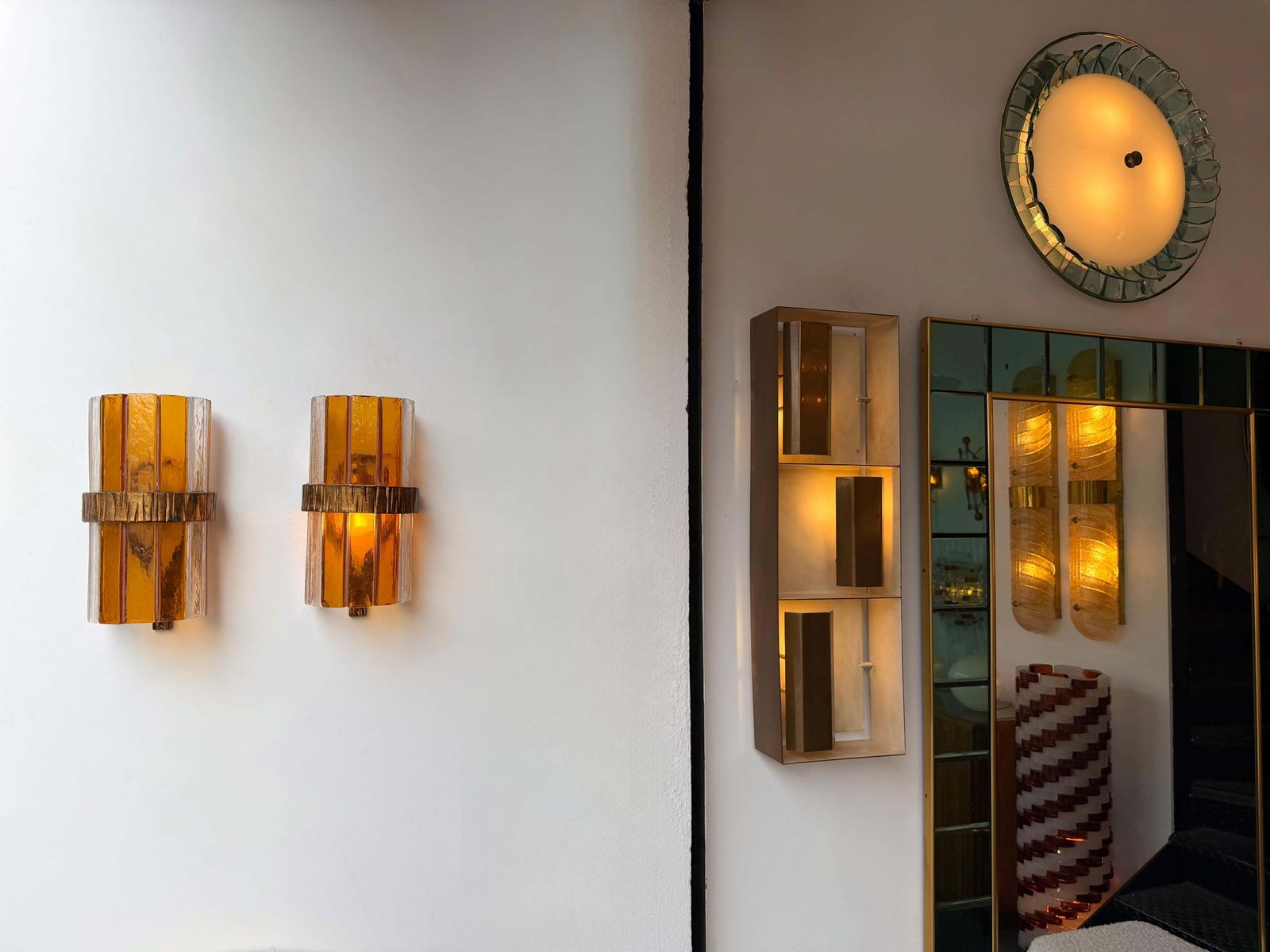 4431.0 Pair Of Amber Glass Hammered Wrought Iron Sconces By Longobard, Italy, 1970s photo