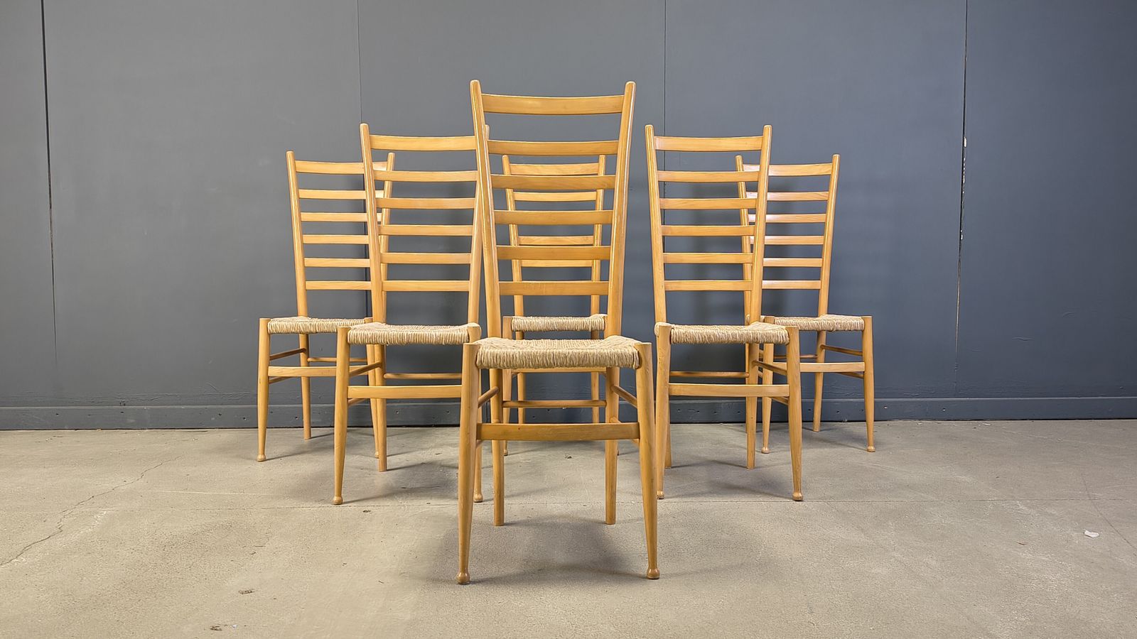 1150.0 Set Of 6 Beech Wood Italian Ladder Back Chairs, 1970s photo