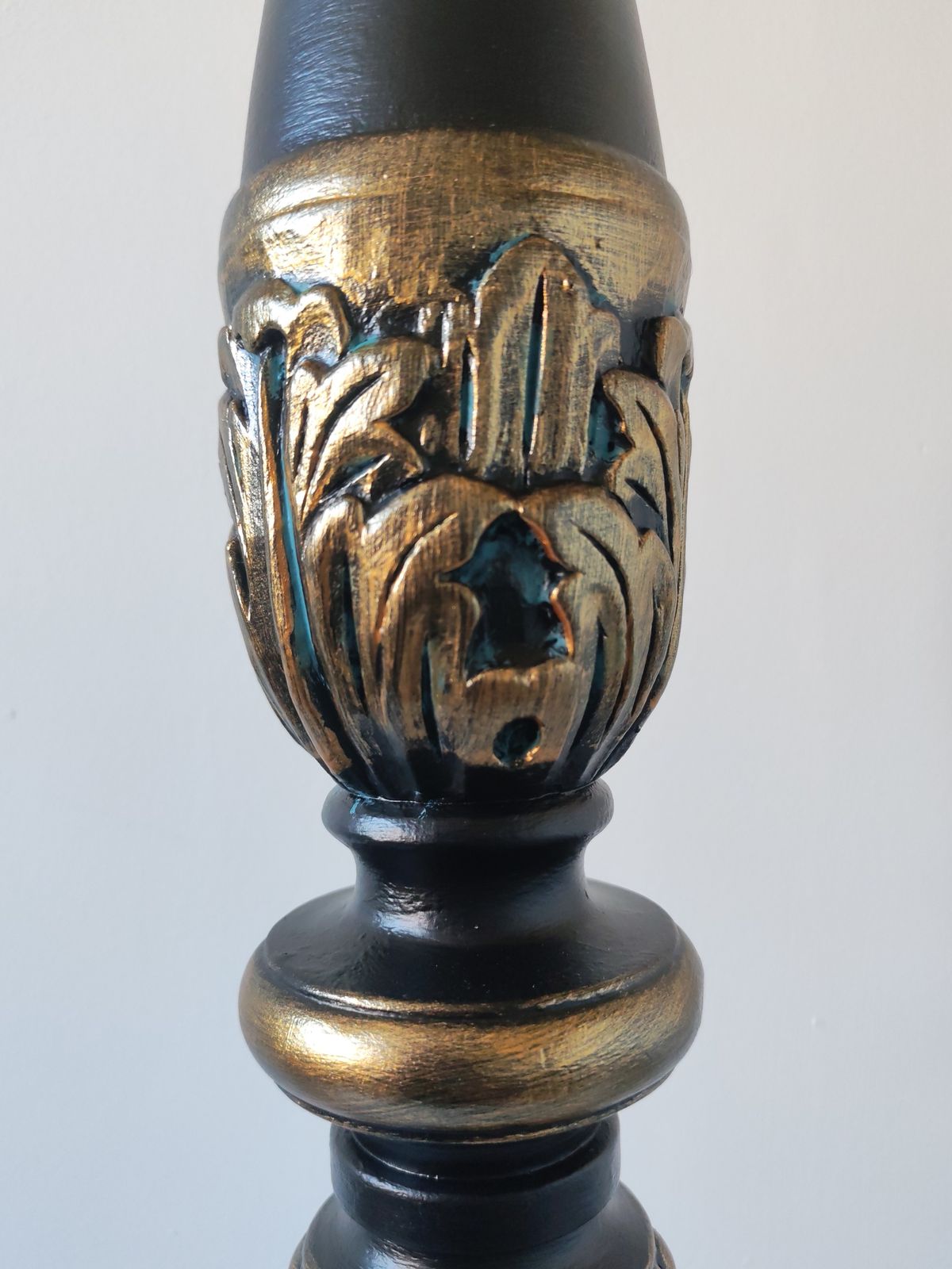 photo furniture Tall 85cm Ornate Solid Wood Floor Candle Holder, Copper & Verdigris Patina, Upcycled