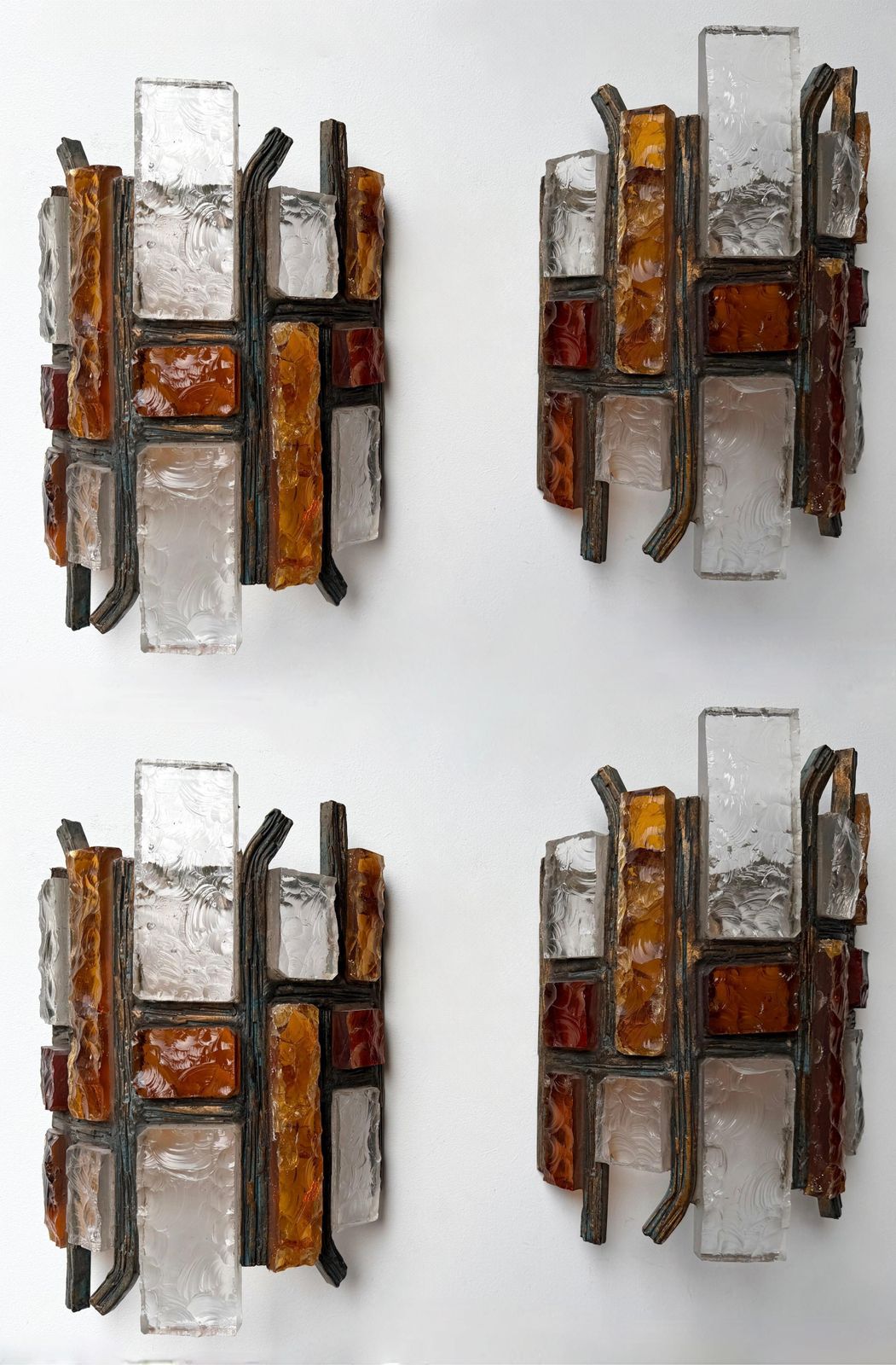 photo vinterior Pair Of Hammered Glass Wrought Iron Sconces By Longobard Italy 1970s