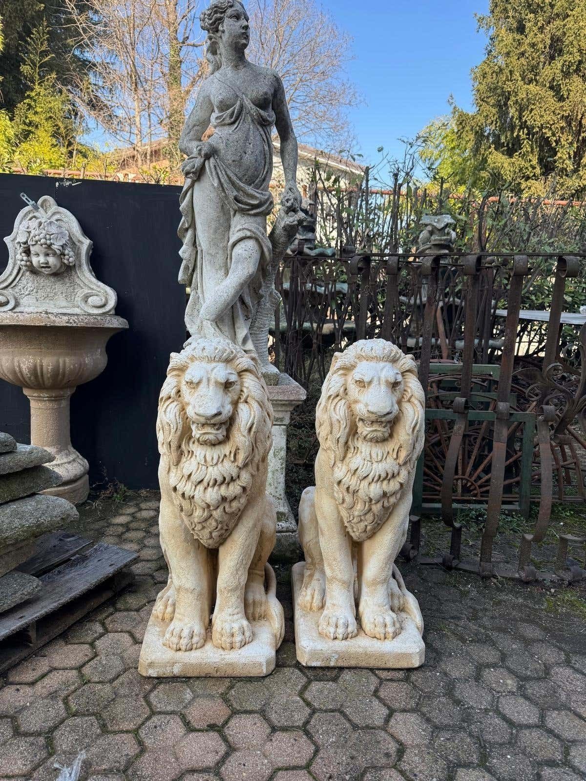 Pair Of Artificial Stone Entrance Lions, Italy photo furniture
