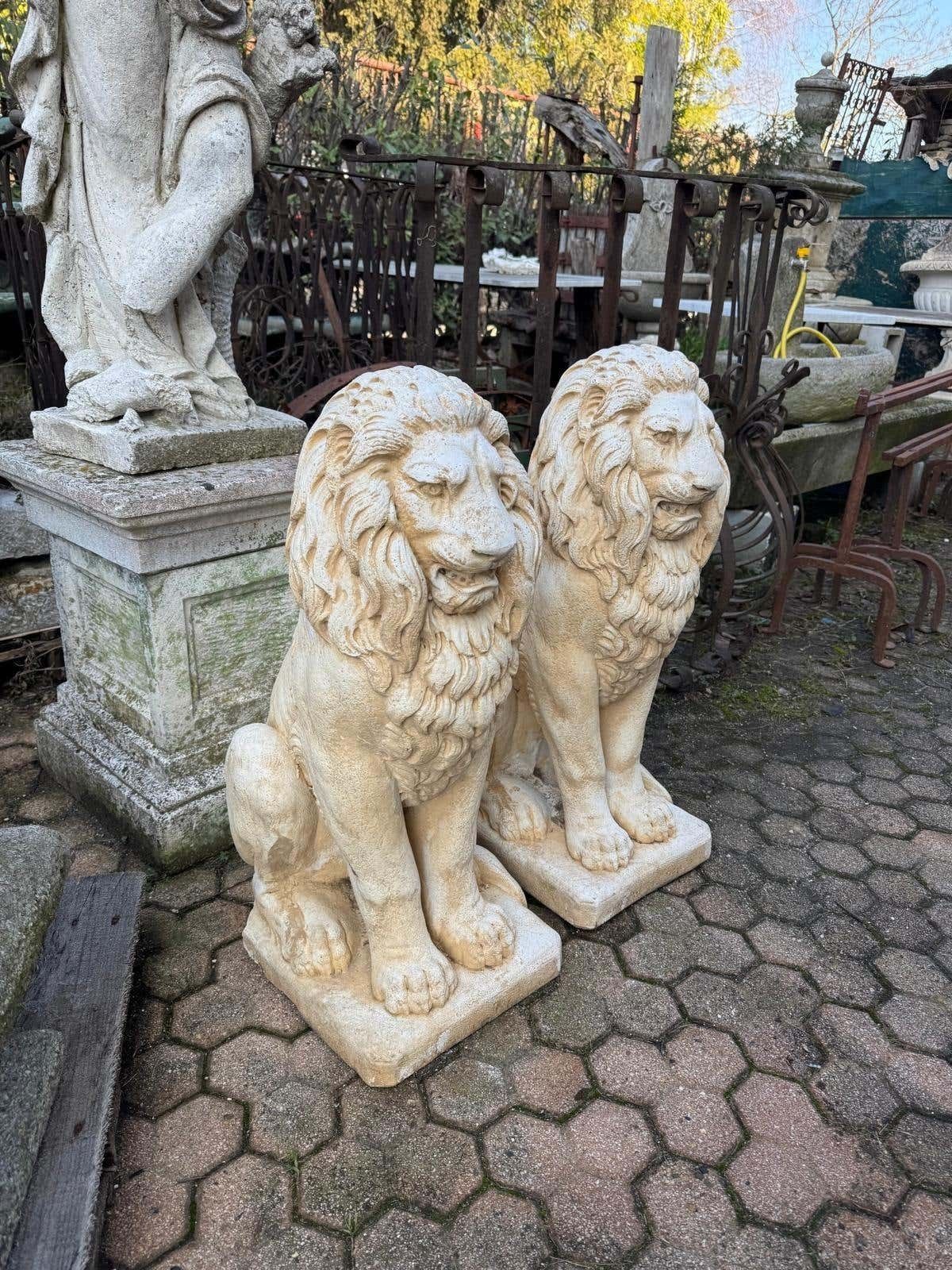 Pair Of Artificial Stone Entrance Lions, Italy photo for sale