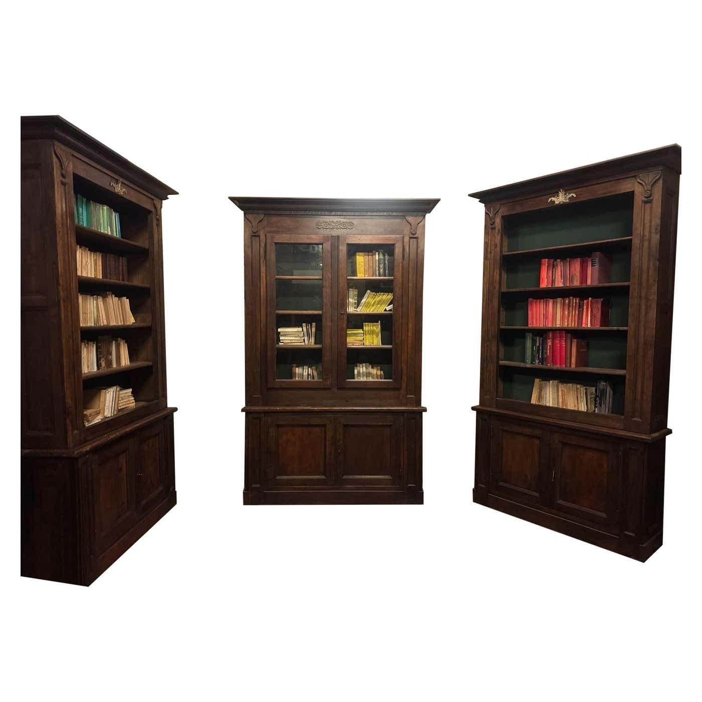No. 3 Elegant Walnut And Poplar Bookcases, Gilt Frieze, Italy