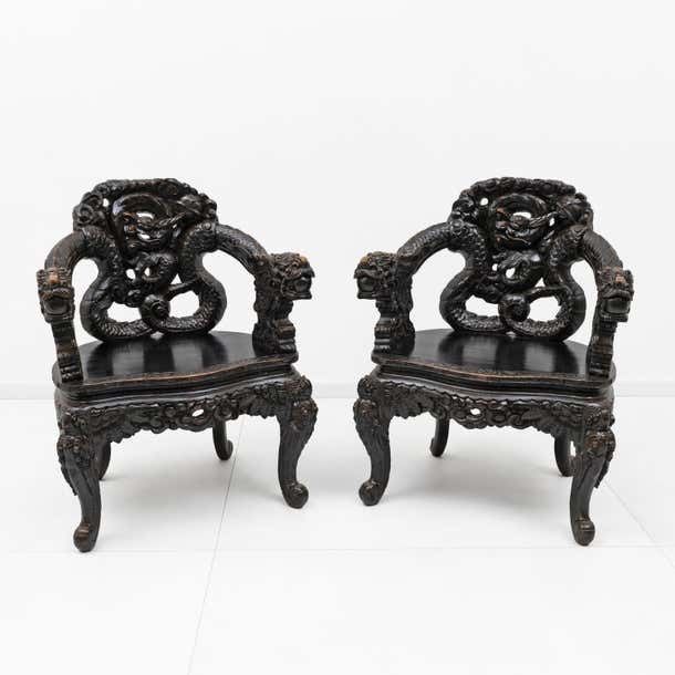 Pair Of Chinese Qing Dynasty Carved Dragon Armchairs, Ebonized Hardwood, 19th photo furniture