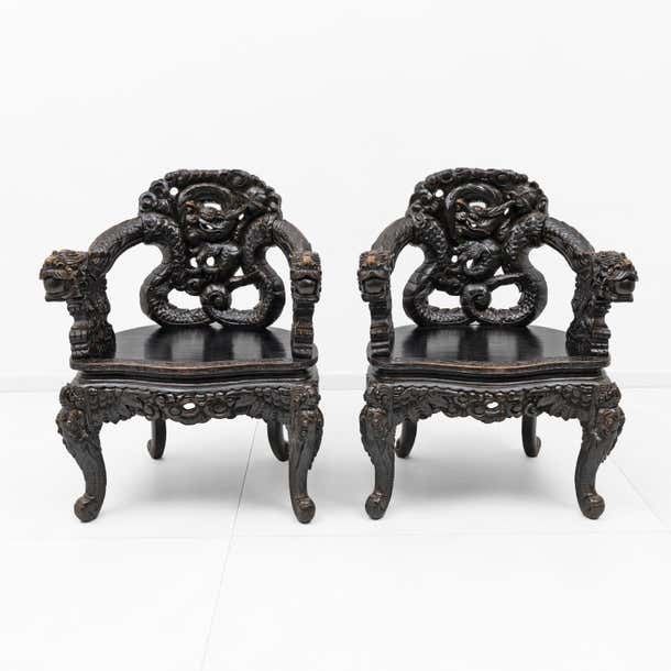 Pair Of Chinese Qing Dynasty Carved Dragon Armchairs, Ebonized Hardwood, 19th photo Furniture