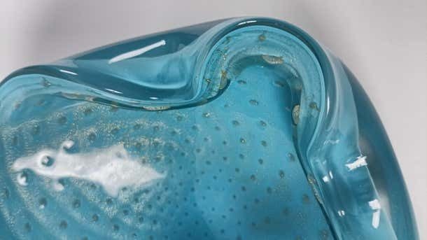 Murano Bullicante Glass Bowl By Alfredo Barbini, Pale Blue With Gold Polveri photo buy
