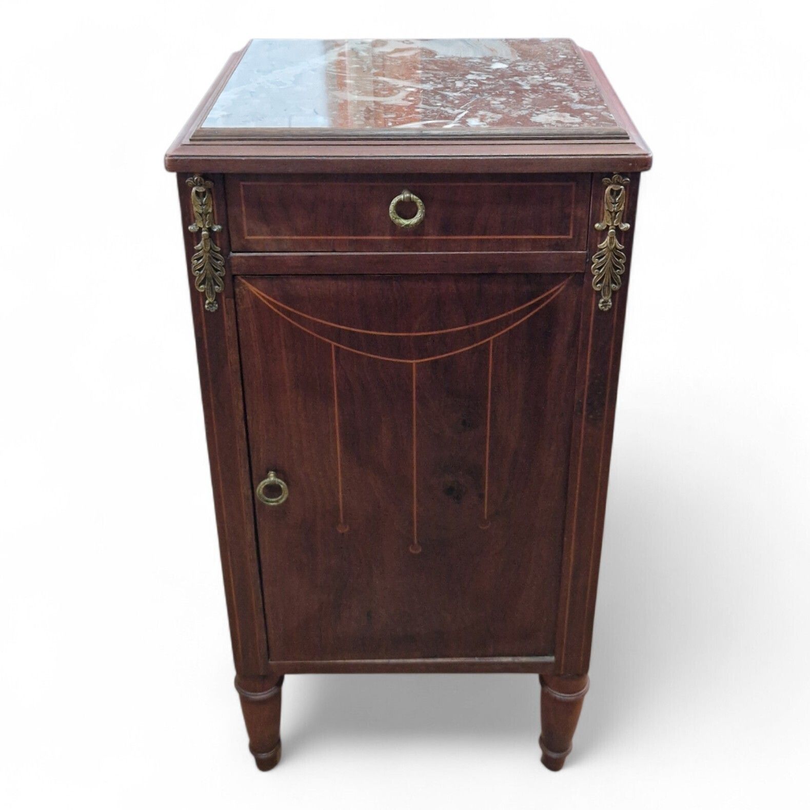 French Louis XVI Style Marble Top Bedside Cabinet Inlaid Ormolu Antique Style