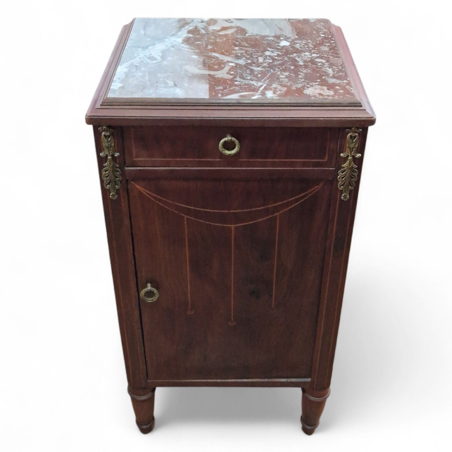 French Louis XVI Style Marble Top Bedside Cabinet Inlaid Ormolu Antique Style photo furniture