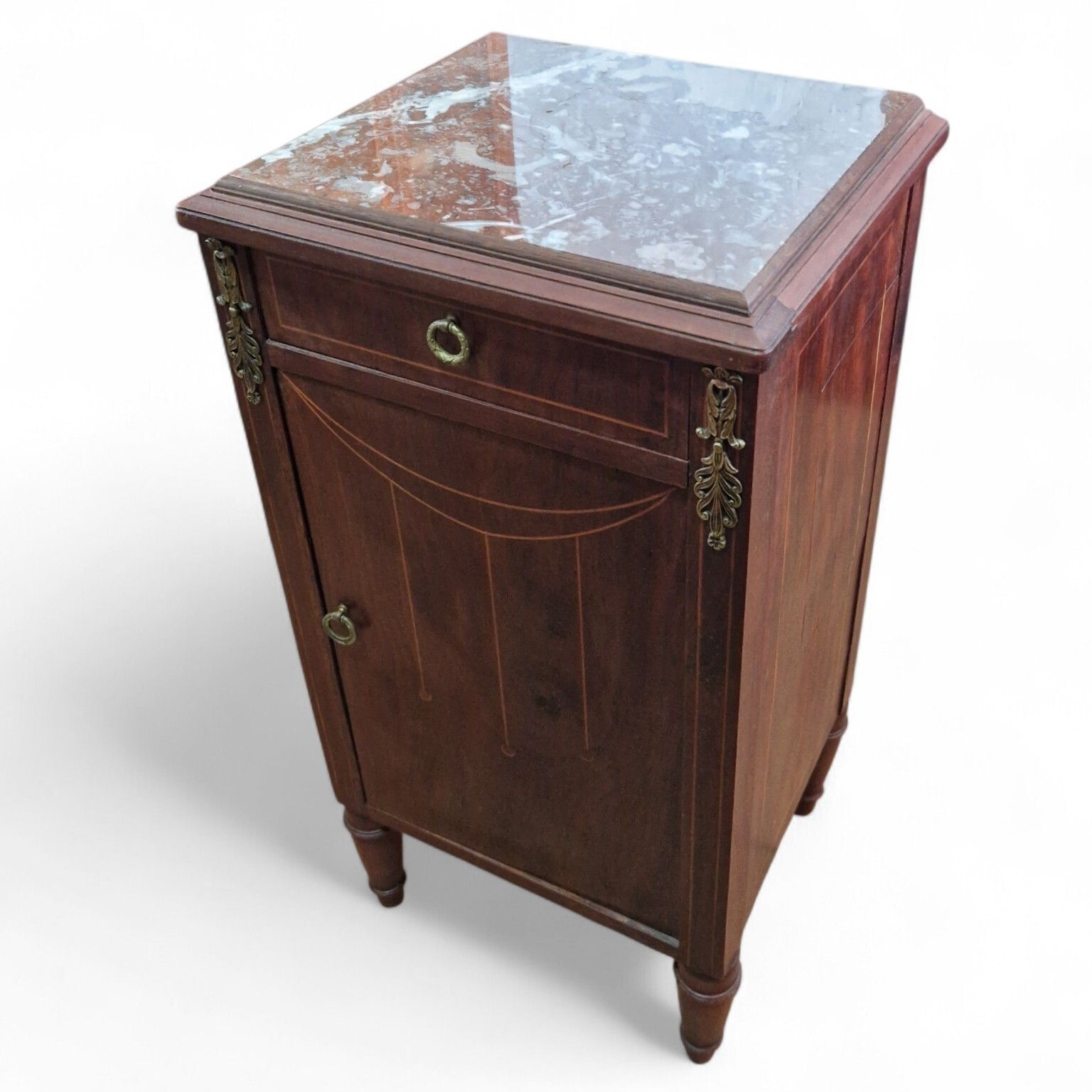French Louis XVI Style Marble Top Bedside Cabinet Inlaid Ormolu Antique Style photo vintage