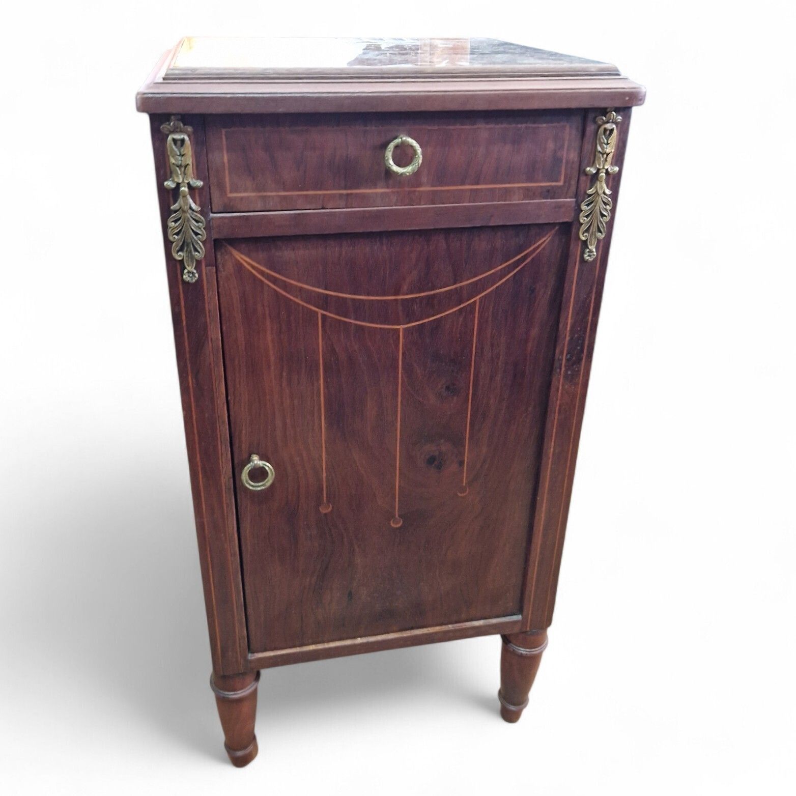 photo buy French Louis XVI Style Marble Top Bedside Cabinet Inlaid Ormolu Antique Style