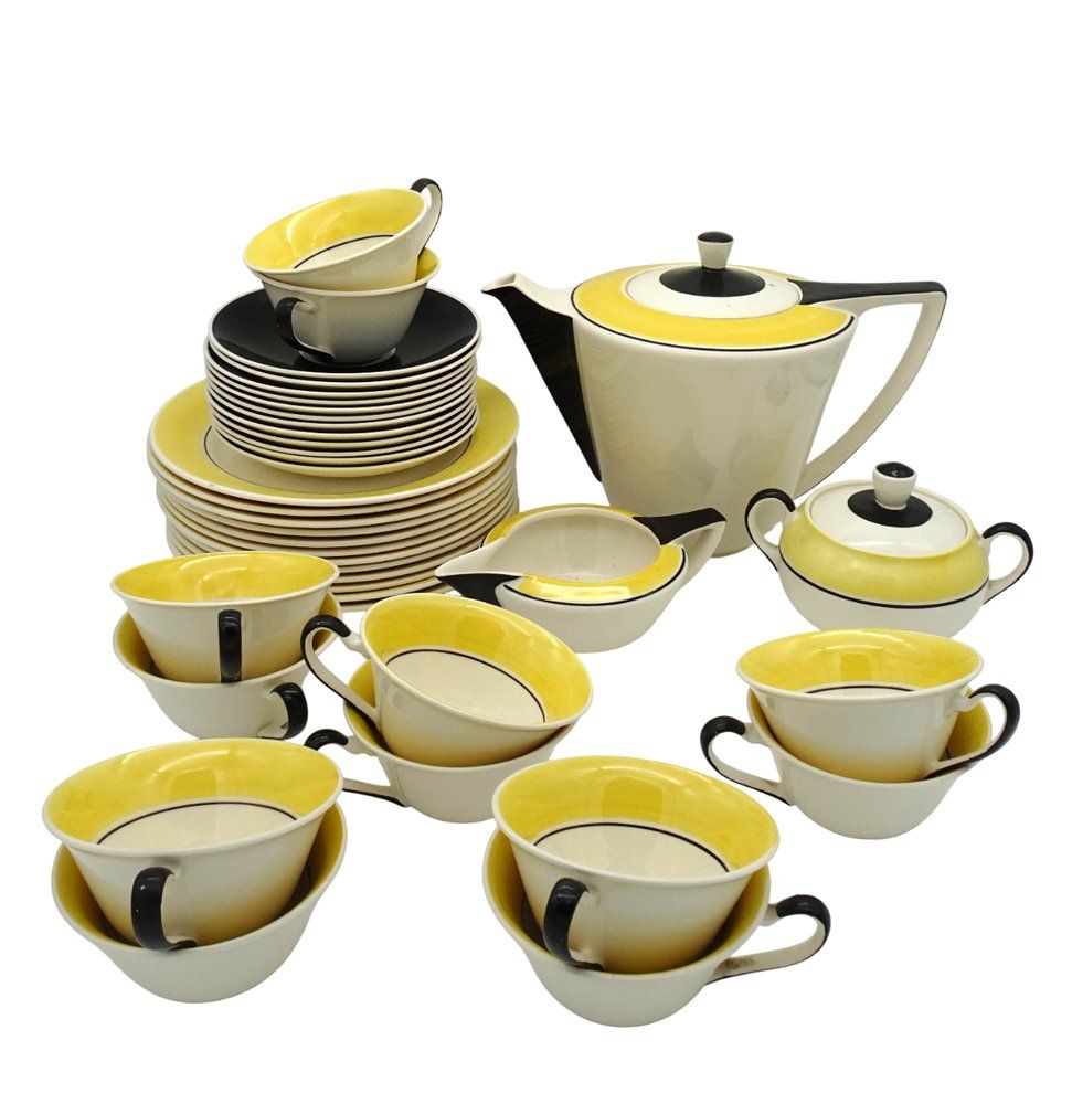 Art Deco Dutch Ineke Service Set By Edmond Bellefroid For Petrus Regout Maastricht Koninklijke Sphinx, 1933, Set Of 39