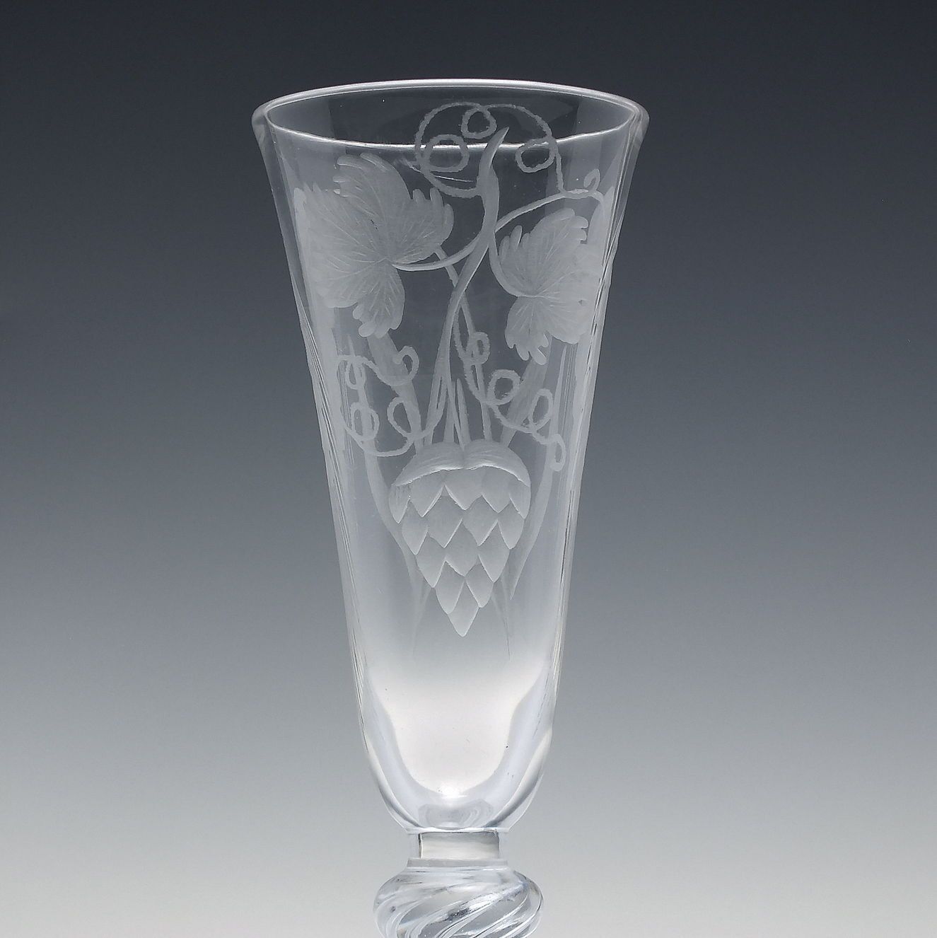 Tall 18th Century Engraved Double Knop Air Twist Ale Glass C1750   Over 8 Inches photo for sale