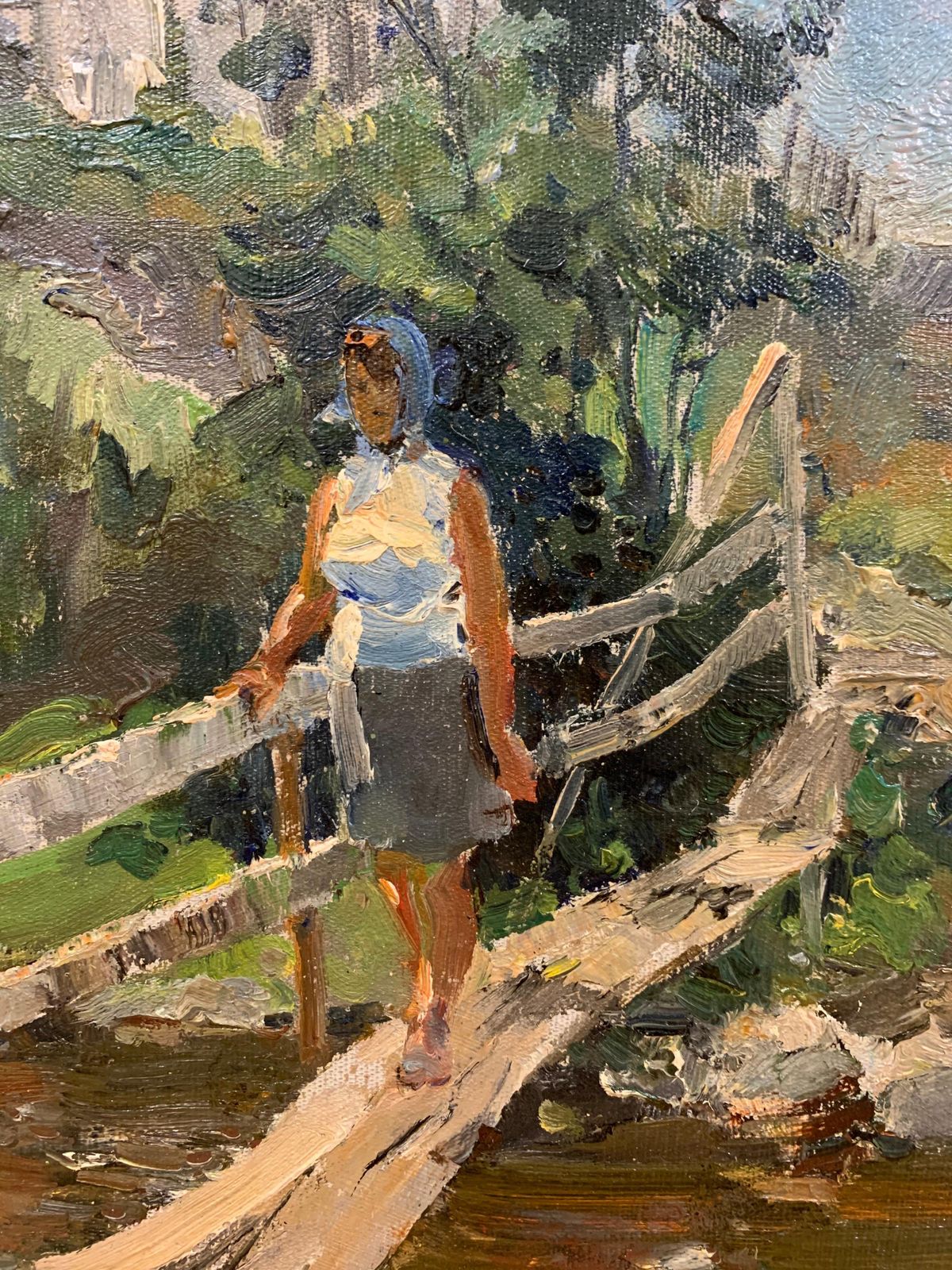 Leonid Vaichilia "Bridge Over The Brook"Woman, Countryside, Green Oil. photo for sale