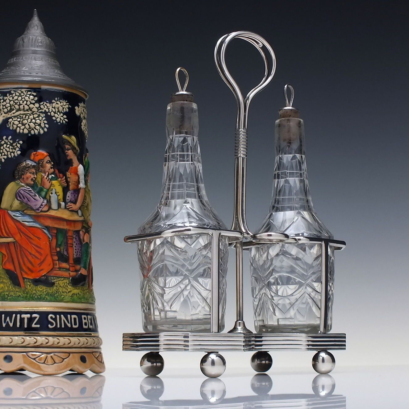 Pair Of Georgian Irish Cut Glass Oil & Vinegar Cruet Bottles With Silver Plated Stand C1770 80
