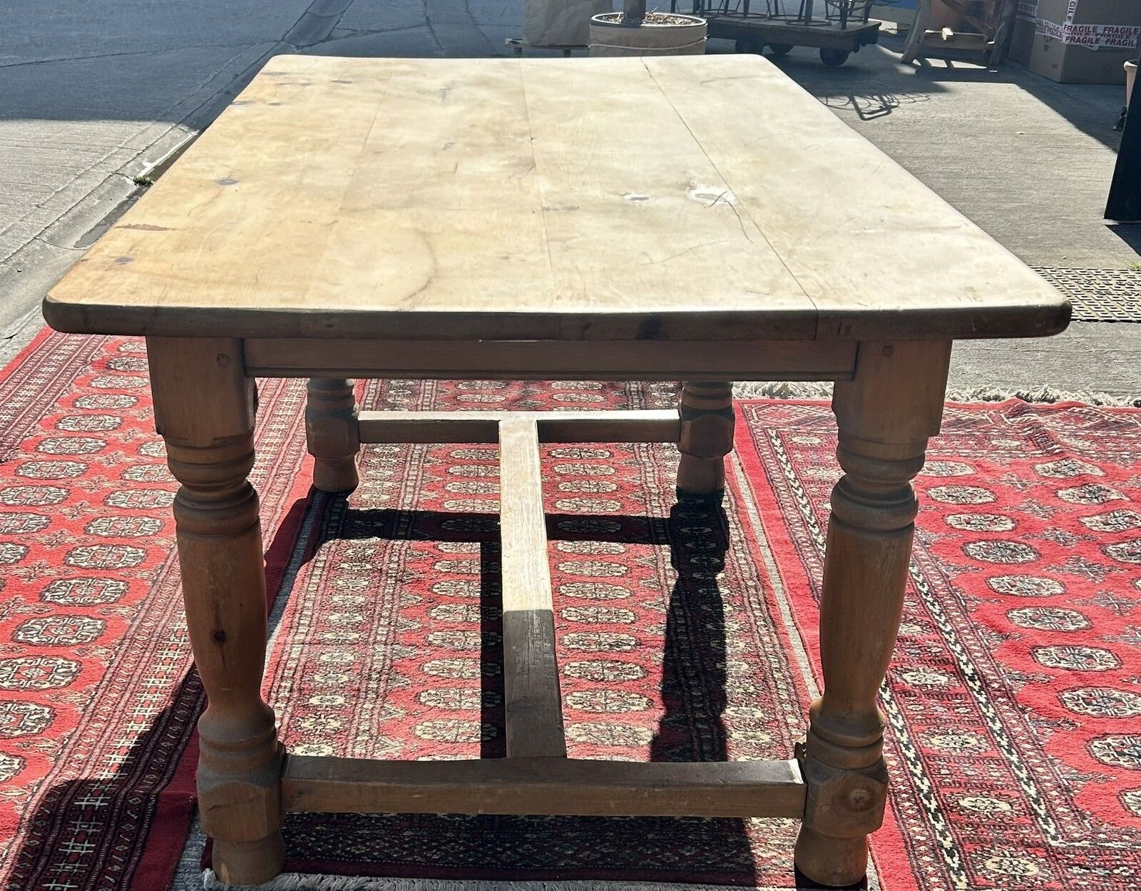 Furniture Vintage Pine French Style Farmhouse Dining Table With H Stretcher 152cm X 89cm photo