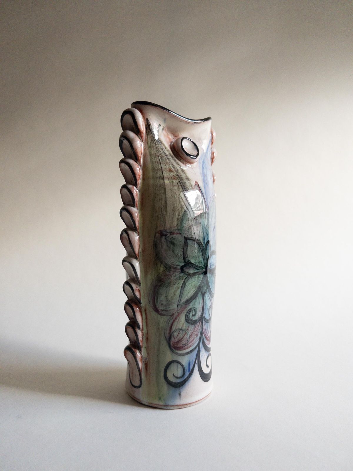 Swiss Studio Pottery   Unique Handmade Vase   Frilled Floral Sculptural Vase   Signed photo vintage