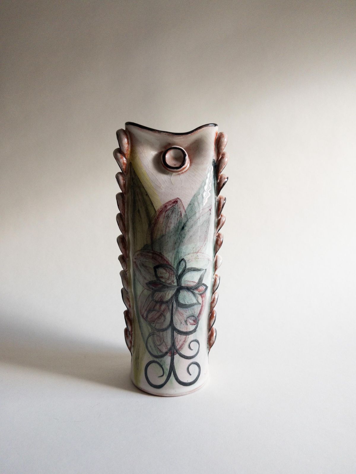photo vinterior Swiss Studio Pottery   Unique Handmade Vase   Frilled Floral Sculptural Vase   Signed