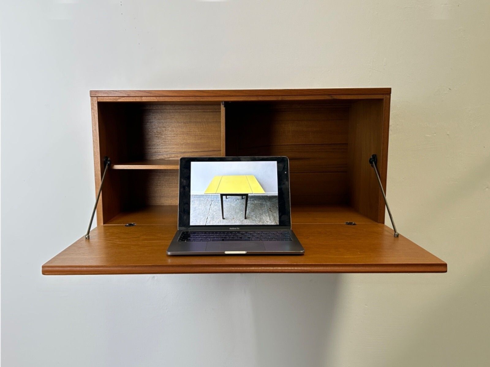 Mid Century Wall Mounted Illuminated Drop Front Desk Cabinet By Beaver & Tapley photo for sale