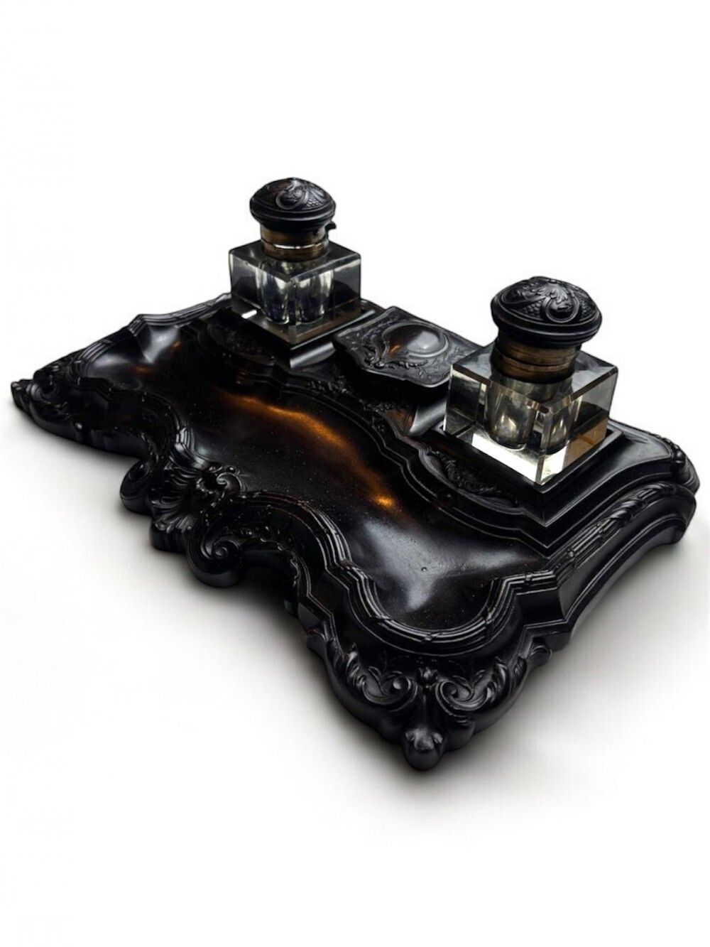 19th Century Ebony Inkwell With Intricate Carving photo for sale