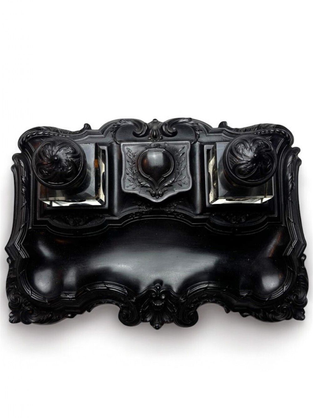 19th Century Ebony Inkwell With Intricate Carving photo Home Decor