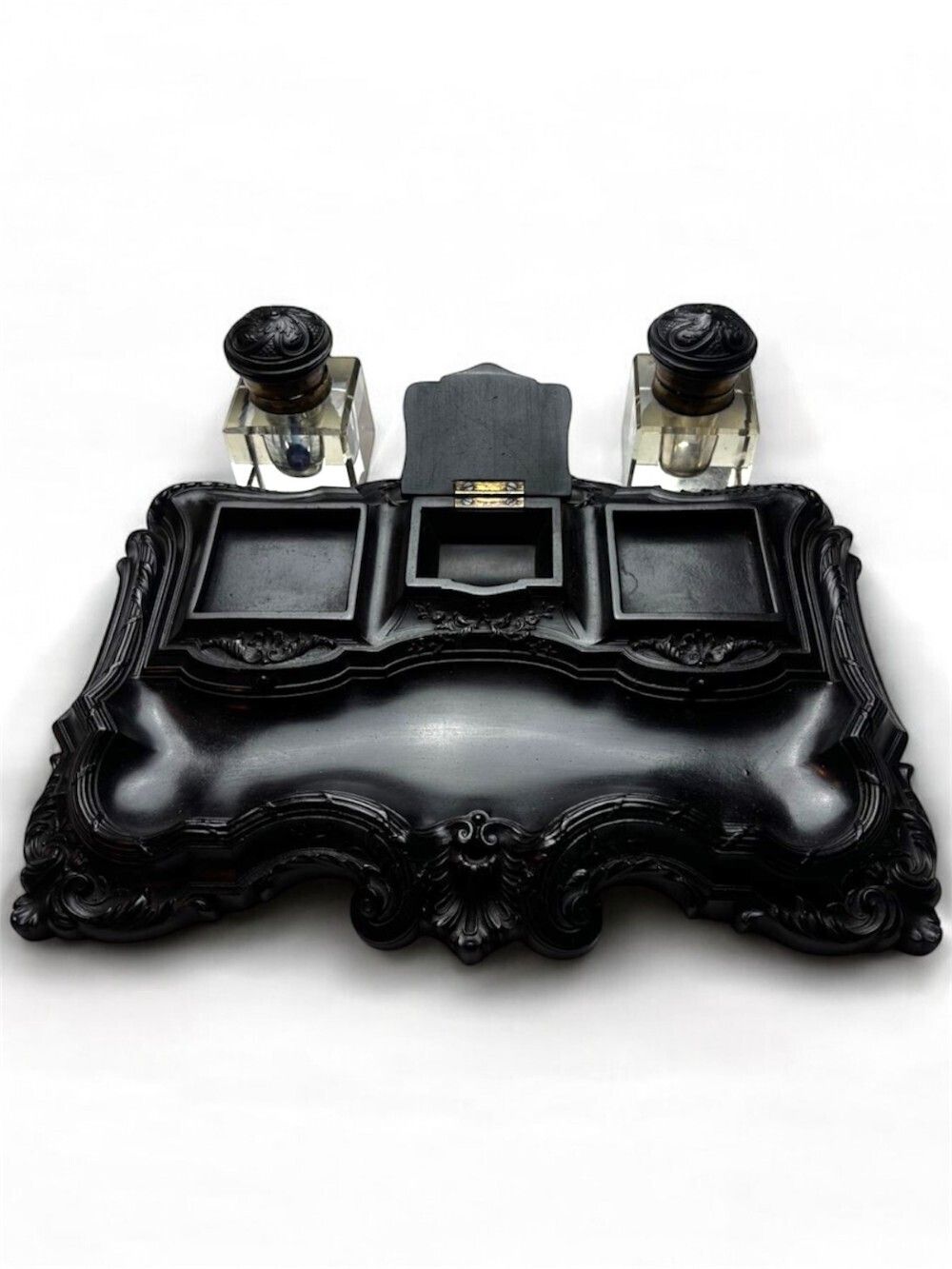 19th Century Ebony Inkwell With Intricate Carving photo 690.03