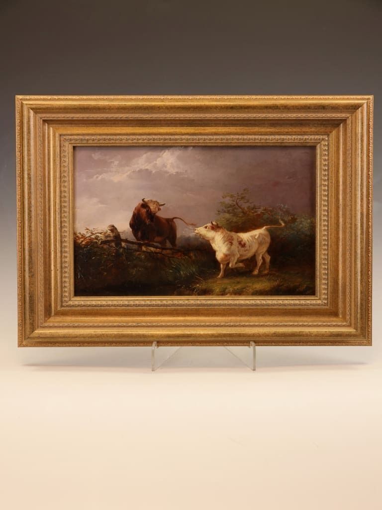 Henry Park (1816–1871): "Two Bulls In A Field," Victorian Oil On Canvas, Dated 1857 photo Art