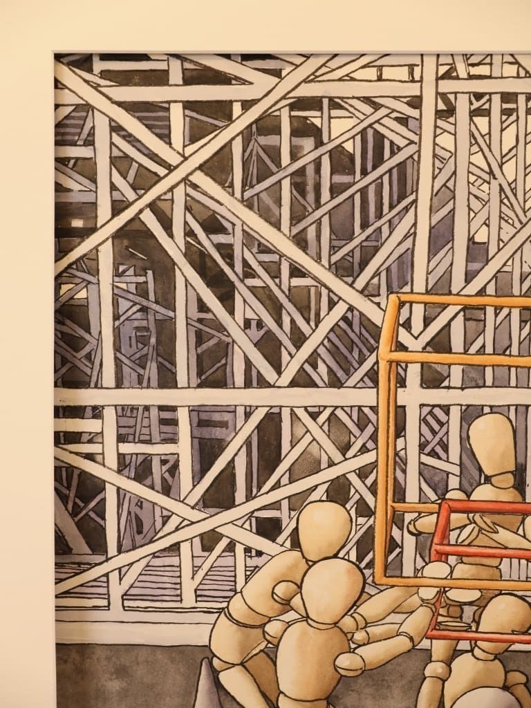 Derek Carruthers (1935–2021) – Construction Scene With Mannequin Figures – Original Watercolour, 1997 photo for sale