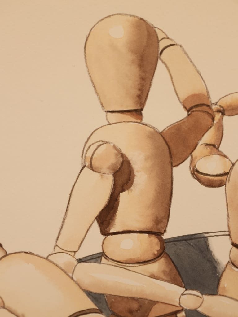 Derek Carruthers (1935–2021) – The Mannequin Gathering – Dated 1996 Original Watercolour photo vinterior