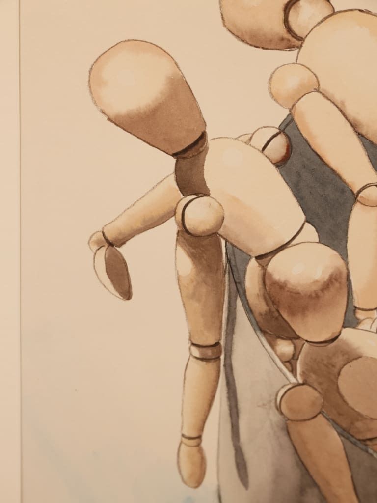 Derek Carruthers (1935–2021) – The Mannequin Gathering – Dated 1996 Original Watercolour photo vintage