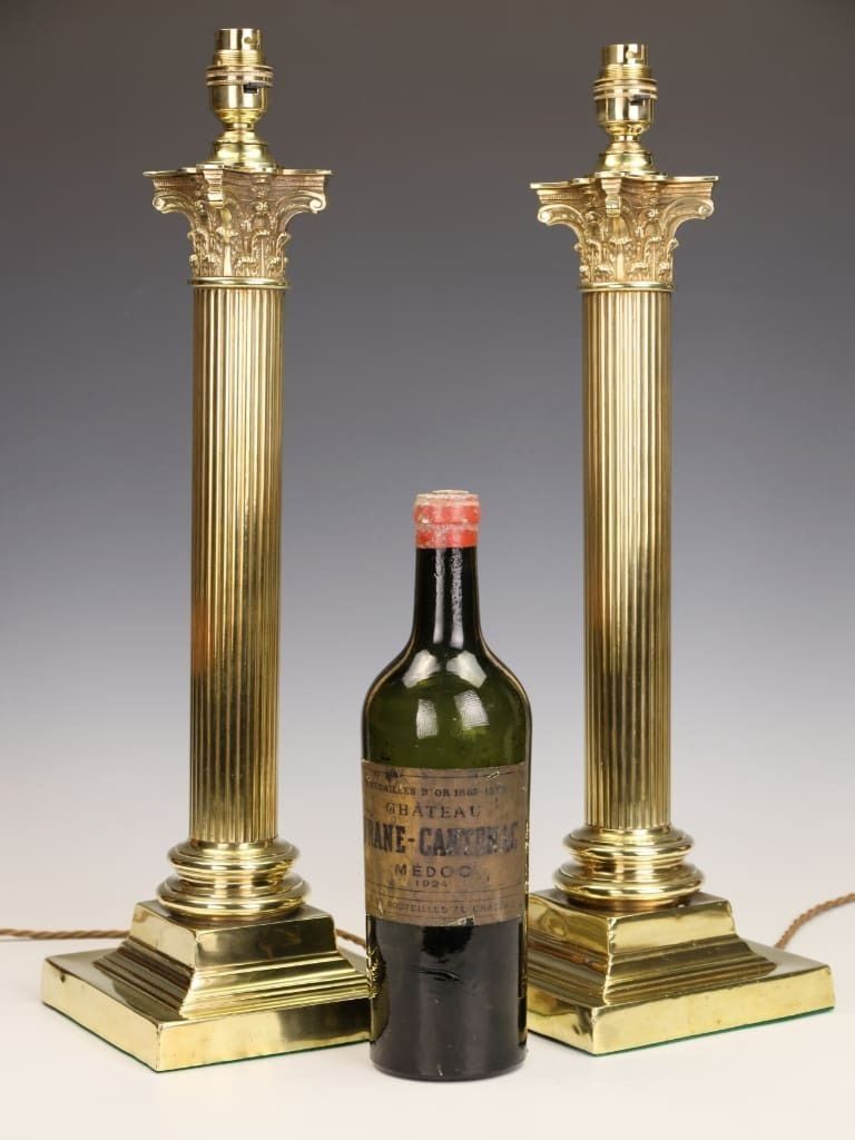 A Magnificent Pair Of 19th Century Brass Corinthian Column Table Lamps photo for sale