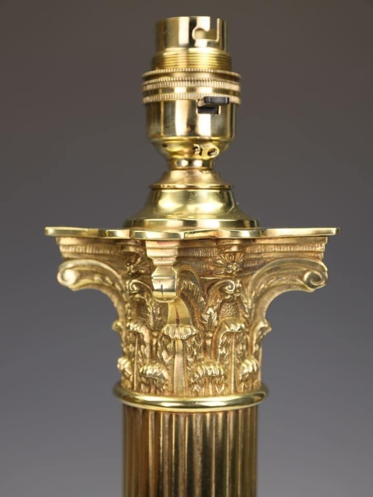 A Magnificent Pair Of 19th Century Brass Corinthian Column Table Lamps photo Lighting