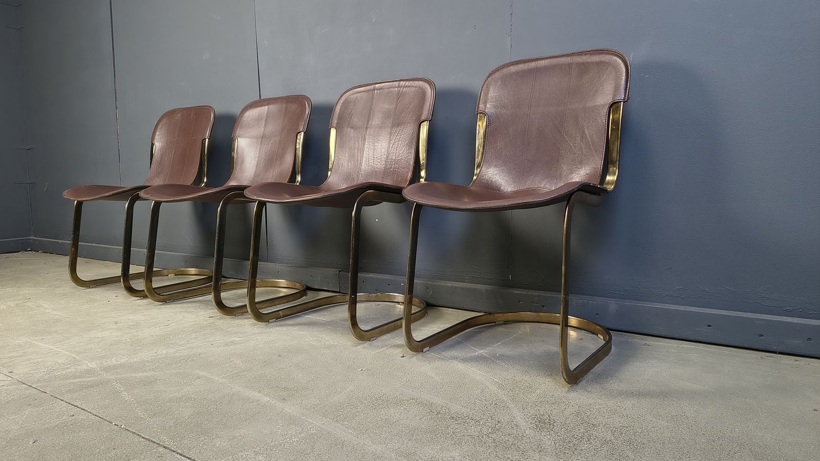 Vintage Brass And Brown Leather Dining Chairs By Willy Rizzo For Cidue Set Of 4, 1970s photo vinterior