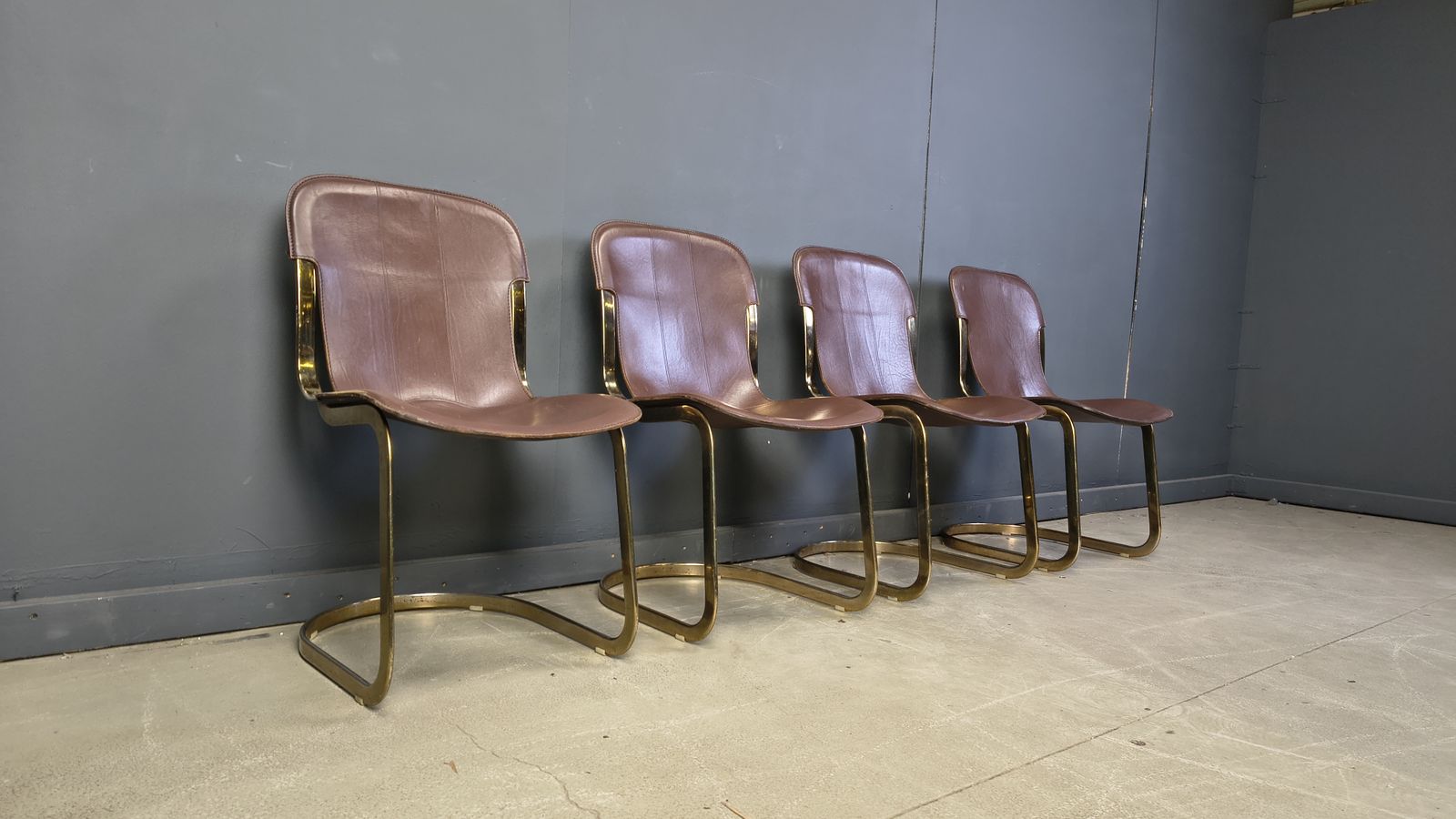 Vintage Brass And Brown Leather Dining Chairs By Willy Rizzo For Cidue Set Of 4, 1970s photo buy