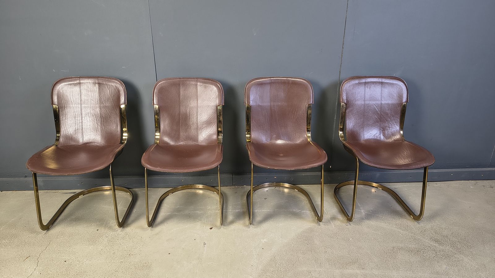 Vintage Brass And Brown Leather Dining Chairs By Willy Rizzo For Cidue Set Of 4, 1970s